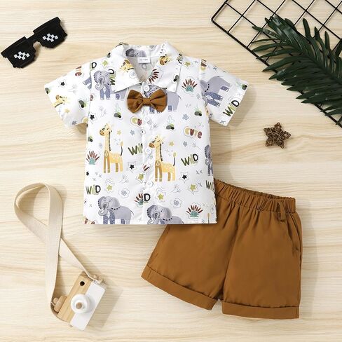 JEELLIGULAR Toddler Baby Boy Summer Clothes Short Sleeve Button Down Shirt Shorts Set Gentlemen Casual Outfits 1-6 Years in Kuwait