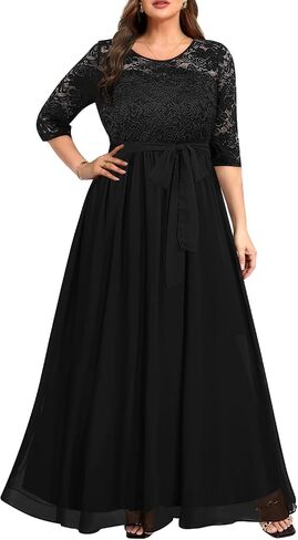 Pinup Fashion مقاس كبير فستان سهرة رسمي لحفلات الزفاف وضيف الزفاف | صدرية من الدانتيل، 3/4 كم، خصر إمبراطوري، تنورة من الشيفون، طول الأرض، سحاب خلفي، لأم العروس/العريس، وصيفة العروس in Kuwait