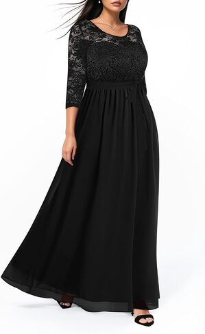 Pinup Fashion مقاس كبير فستان سهرة رسمي لحفلات الزفاف وضيف الزفاف | صدرية من الدانتيل، 3/4 كم، خصر إمبراطوري، تنورة من الشيفون، طول الأرض، سحاب خلفي، لأم العروس/العريس، وصيفة العروس in Kuwait