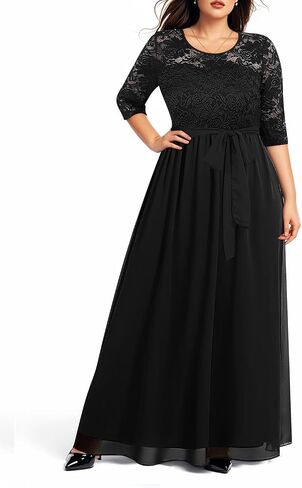 Pinup Fashion مقاس كبير فستان سهرة رسمي لحفلات الزفاف وضيف الزفاف | صدرية من الدانتيل، 3/4 كم، خصر إمبراطوري، تنورة من الشيفون، طول الأرض، سحاب خلفي، لأم العروس/العريس، وصيفة العروس in Kuwait