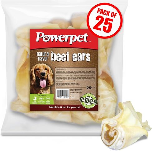Powerpet Beef Ears for Dogs - Premium Quality Treats, Low Fat, High Protein, Long-Lasting Chews - Easy Digestion- Healthy & Clean Teeth & Gums - for All Breed Size- 100% Natural Cow Flavor, Pack of 25 in Kuwait