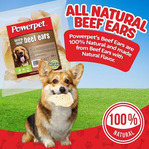 Powerpet Beef Ears for Dogs - Premium Quality Treats, Low Fat, High Protein, Long-Lasting Chews - Easy Digestion- Healthy & Clean Teeth & Gums - for All Breed Size- 100% Natural Cow Flavor, Pack of 25 in Kuwait