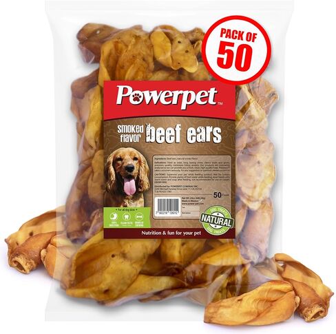 Powerpet Beef Ears for Dogs - Premium Quality Treats, Low Fat, High Protein, Long-Lasting Chews - Easy Digestion- Healthy & Clean Teeth & Gums - for All Breed Size- 100% Natural Cow Flavor, Pack of 25 in Kuwait