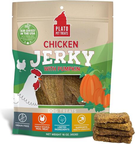 PLATO Pet Treats Jerky Dog Treats - Air-Dried Jerky for Dogs - Delicious, Real Meat Dog Treats - Grain Free - Supports Healthy Digestion - Chicken Jerky with Pumpkin 16oz in Saudi Arabia