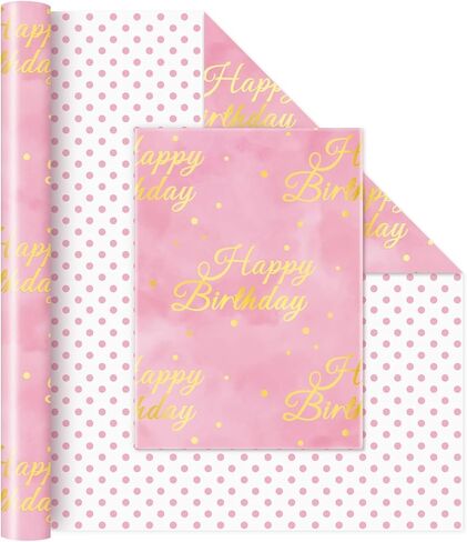 Wernnsai Pink Birthdy Girting Paper Roll - 1 Roll 17 "× 33 قدمًا من الذهب ، عيد ميلاد سعيد لورقة التغليف للنساء الزفاف الزفاف الدش. in Saudi Arabia