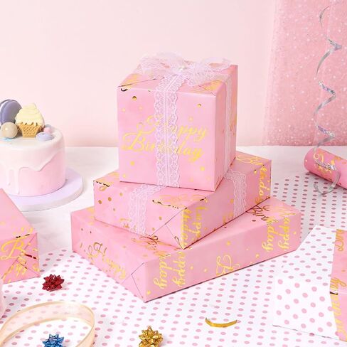 Wernnsai Pink Birthdy Girting Paper Roll - 1 Roll 17 "× 33 قدمًا من الذهب ، عيد ميلاد سعيد لورقة التغليف للنساء الزفاف الزفاف الدش. in Saudi Arabia