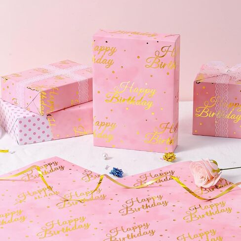 Wernnsai Pink Birthdy Girting Paper Roll - 1 Roll 17 "× 33 قدمًا من الذهب ، عيد ميلاد سعيد لورقة التغليف للنساء الزفاف الزفاف الدش. in Saudi Arabia