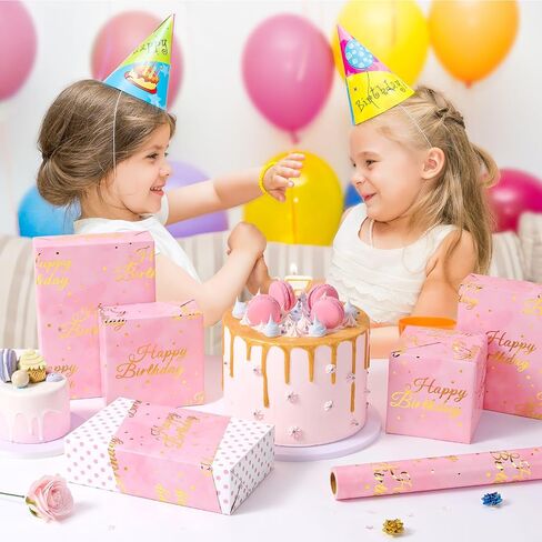 Wernnsai Pink Birthdy Girting Paper Roll - 1 Roll 17 "× 33 قدمًا من الذهب ، عيد ميلاد سعيد لورقة التغليف للنساء الزفاف الزفاف الدش. in Saudi Arabia