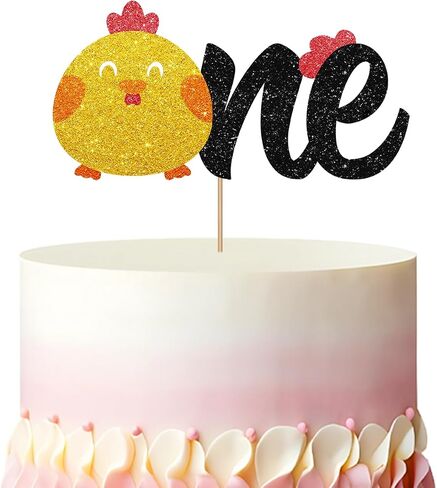 Chick One Cake Topper, Chicken First Birthday Cake Topper, Gold Glitter One Year Old Cake Decor for Boys Girls, Farm Animal Themed First Birthday/Anniversary Party Decoration in Saudi Arabia