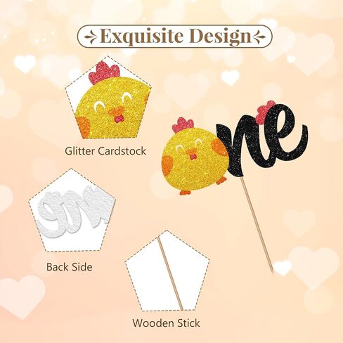 Chick One Cake Topper, Chicken First Birthday Cake Topper, Gold Glitter One Year Old Cake Decor for Boys Girls, Farm Animal Themed First Birthday/Anniversary Party Decoration in Saudi Arabia