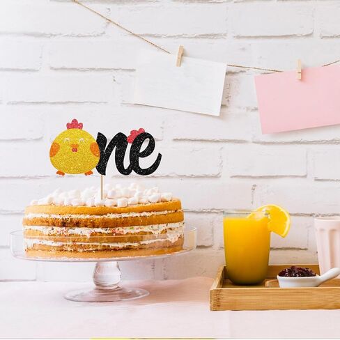 Chick One Cake Topper, Chicken First Birthday Cake Topper, Gold Glitter One Year Old Cake Decor for Boys Girls, Farm Animal Themed First Birthday/Anniversary Party Decoration in Saudi Arabia