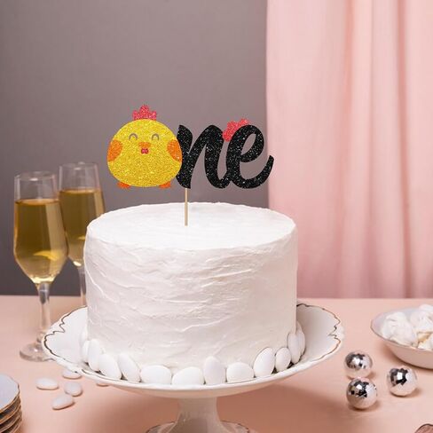 Chick One Cake Topper, Chicken First Birthday Cake Topper, Gold Glitter One Year Old Cake Decor for Boys Girls, Farm Animal Themed First Birthday/Anniversary Party Decoration in Saudi Arabia