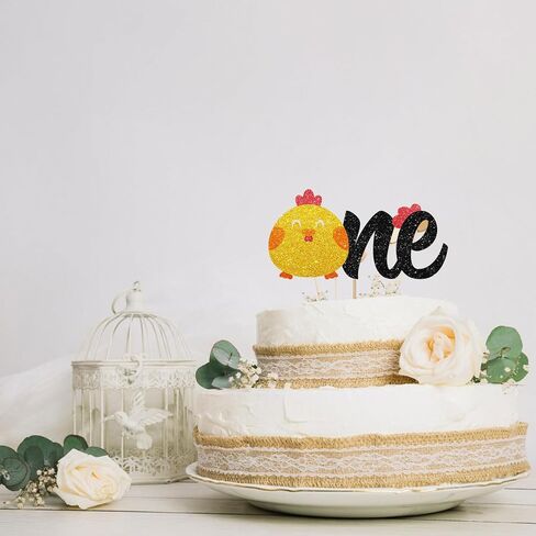 Chick One Cake Topper, Chicken First Birthday Cake Topper, Gold Glitter One Year Old Cake Decor for Boys Girls, Farm Animal Themed First Birthday/Anniversary Party Decoration in Saudi Arabia