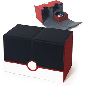 Double Deck Card Box with Dice Tray for MTG Cards, 380+ PU Leather Strong Magnet Collectible Card Storage Box Fits 150 Double Sleeved Cards for TCG CCG (Red & White)