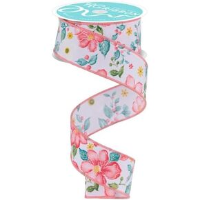 Watercolor Flowers Wired Edge Ribbon for Spring, Summer and Easter Bows, Wreaths, Baskets, Crafts, and Decorations, 1.5" Wide x 10 Yards (White, Dark Rose, Coral, Teal, Green)
