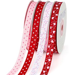 Valentine's Day Ribbon Set - 2 Rolls Heart Printed Double Faced Satin Ribbon, 3/8 Inch x 30 Yards for Gift Wrapping, Crafts, Wedding Decor, Party Supplies (Red, Cream)