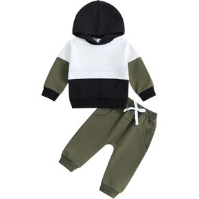 Toddler Baby Boy Clothes Color Block Hooded Sweatshirt Pullover Jogger Pants 2Pcs Fall Winter Sweatsuit Outfit