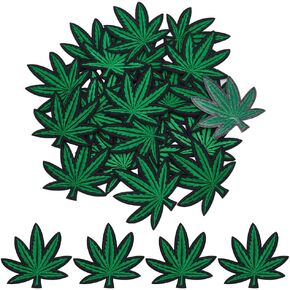 FINGERINSPIRE 24 Pcs Pot Leaf Embroidery Patches Green Leaf Self Adhesive Patches 3.34x3.19inch Maple Leaf Sew On Appliques Boho Leaves Stick On Patch for DIY Bags Hats Jeans Pants Clothes Decoration