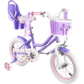 RULLY Daisy Kids Bike for Girls Ages 2-9 Years, 12 14 16 18 Inch Princess Girls Bicycle with Doll Bike Seat, Training Wheels, Basket and Streamers, Kids Cycle Bikes, Multiple Colors