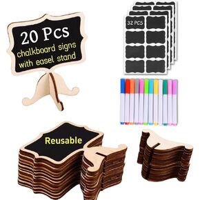 20 Pack Wood Mini Chalkboards Signs, Food Labels Place Cards Small Blackboard for Party Buffet Table Sign Chalkboard Wedding Bakery with 12 Makers and Blackboard Stickers