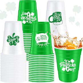 60 Pcs St Patrick's Day Plastic Cups 16oz White Green Shamrock Disposable Cups Lucky Clover Cups St Patrick's Day Party Decoration for Saint Patty's Day Beer Beverage Drinking Party Supplies
