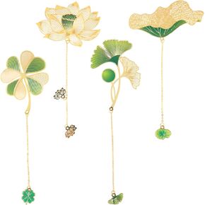 4pcs Metal Bookmark, Attractive Chain Bookmark Beautiful Flower Floral Bookmark with Lotus Four-Leaf Clover Ginkgo Lotus Leaf Pendant Bookmark for Reader Book Teacher Writers Collector Gift
