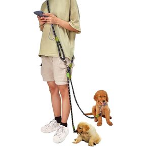 Hands Free Dog Leash 2 Dogs 7.5ft Rope Crossbody Dog Leash for Two Dogs Reflective for Large Medium Small Dogs Walking, Jogging and Running Black