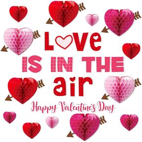 Valentine's Day Bulletin Board Decoration 3D Heart Honeycombs Love is in The Air Cutouts Border Trims Lovely Heart Bulletin Board Classroom Decor for School Happy Valentine's Day Party Supplies