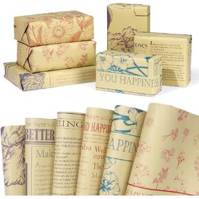 Pineraap 12 Sheets Vintage Floral Wrapping Paper, Retro Rose Flower Gift Wrap Paper, Newspaper Decorative Art Paper, Kraft Rustic Packing Paper for Wedding Birthday DIY Craft Gifts Decoration, 27x19in