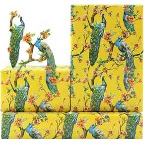 Boerni Peacock Wrapping Paper for Women Men, Elegant Peacocks Stand on Floral Tree Pattern Print on Yellow Art Paper, 4 Sheet Folded Flat Animal Gift Wrap Paper for Birthday Wedding Christmas
