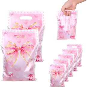 50pcs أكياس الهدايا البلاستيكية البلاستيكية الوردي ، لطيف coquette القوس ، حقائب الحلوى جيدة الأكياس حقائب التسوق للبيع بالتجزئة لعيد الميلاد دش البكالوريوس المشاركة