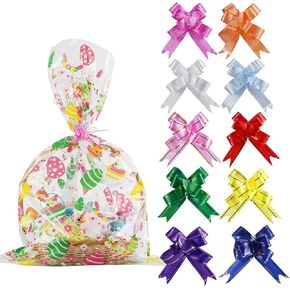 STEFORD 10 PCS Easter Cellophane Basket Bags, 24 x 35 Inch Large Clear Cellophane Wraps Plastic Treat Cello Bags with 10 Colors Pull Bows for contents Baskets Easter Party Favor Supplies