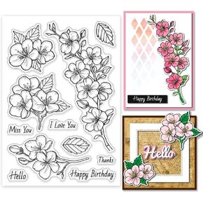 GLOBLELAND Cherry Blossoms Clear Stamps Leaves and Plants Silicone Clear Stamp Seals Flowers Transparent Stamps for DIY Scrapbooking and Cards Making Photo Album Journal 6.3x4.33inch