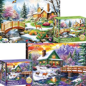 2 Pack 1000 Piece Jigsaw Puzzles, 1000 Pieces Puzzles for Adults, Winter Snow Puzzle, Fawn Jigsaw Puzzles 1000 Pieces Set, Creative Play Holiday Party Gifts Artwork Wall Home Decor, 28×20 in