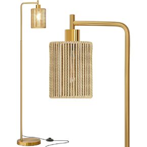 Oneach 66" Gold Floor Lamp for Living Room, Boho Floor Lamp with LED Bulb, Foot Switch, Rattan Shade, Industrial Tall Farmhouse Standing Lamp for Bedroom, Dining Room, Study Room, Office