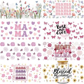 AFRITEE UV DTF Cup Wraps - 8 Sheets Pink Mama Birthday Gift, Cute Flower Butterfly Rub On UV DTF 16 20 oz Glass Coffee Cup Wraps for Thank You Best Mom Ever Birthday Creative Gifts in Kuwait