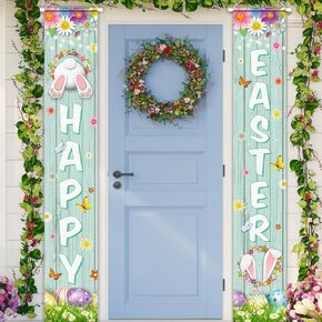 Happy Easter Porch Sign Banner Easter Decorations 2 Pack Welcome Easter Porch Sign Happy Easter Banner for Spring Theme Easter Bunny Door Easter Party Supplies(Door Banner)