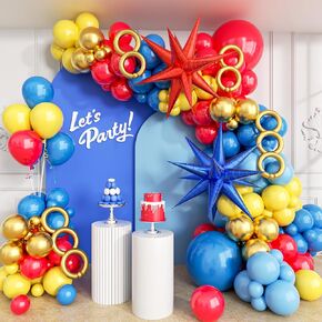 132pcs Red Blue Yellow Balloons Arch Garland Kit with Long Balloons Foil Balloons for Carnival, Circus Theme Party Supplies, Baby Shower Birthday Decorations
