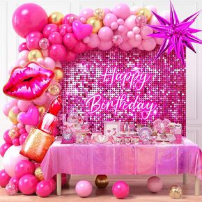 Winrayk Hot Pink Birthday Party Decorations for Girls Women Pink Balloon Garland Arch Kit with Sequin Backdrop Tablecloth Lipstick Lip Heart Starburst Foil Balloons Princess Birthday Party Decorations