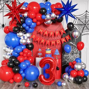 Spider Theme Birthday Decorations Party Supplies Balloon Arch Kit, Spider Theme 4th Birthday Decorations Boys Girls, Spider Theme Birthday Decorations 4 Year Old with Red Blue Balloons