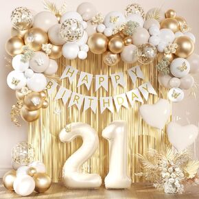 21st Birthday Decorations for Her Him, Happy 21st Birthday Decorations for Women Men, White and Gold Balloons 21 Balloon Number, 21 Birthday Happy Birthday Banner, 21st Birthday Arch Kit