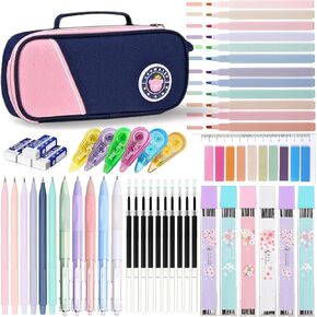 46 Pcs Large Capacity Pencil Pouch with Aesthetic School Supplies, 12 Pastel Highlighters, 5 Black Ink Gel Pens, 6 Mechanical Pencils Set 0.5 & 0.7mm, Sticky Notes, Stationary Set for Student (Pink) in Kuwait