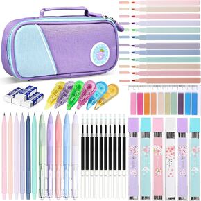 46 Pcs Large Capacity Pencil Pouch with Aesthetic School Supplies, 12 Pastel Highlighters, 5 Black Ink Gel Pens, 6 Mechanical Pencils Set 0.5 & 0.7mm, Sticky Notes, Stationary Set for Student (Pink)