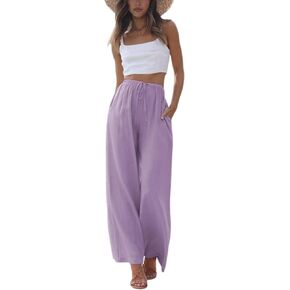 Faleave Women's Cotton Linen Summer Palazzo Pants Flowy Wide Leg Beach Trousers with Pockets