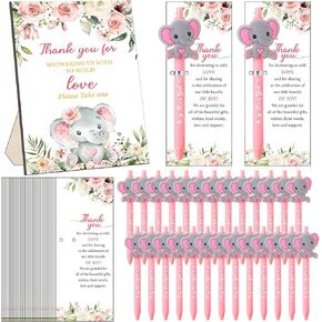 Frienda 50 Set Little Elephant Baby Shower Favors for Guests Include Wooden Sign 50 Baby Ballpoint Pens 50 elephant Thank You Cards with Twist Ties for Gender Reveal Party Baby Shower Return Gifts