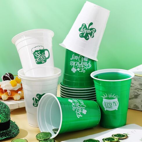 60 PCS St Patrick's Coups البلاستيك 16 أوقية أبيض أخضر شامروك يمكن التخلص منها أكواب محظوظة Clover Cups St. in Kuwait