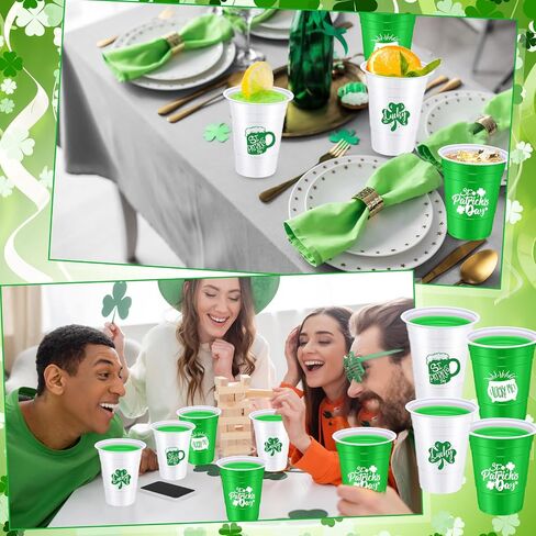 60 PCS St Patrick's Coups البلاستيك 16 أوقية أبيض أخضر شامروك يمكن التخلص منها أكواب محظوظة Clover Cups St. in Kuwait