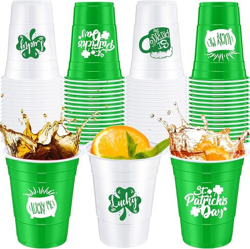 60 PCS St Patrick's Coups البلاستيك 16 أوقية أبيض أخضر شامروك يمكن التخلص منها أكواب محظوظة Clover Cups St. in Kuwait
