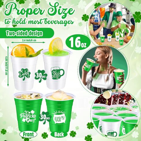60 PCS St Patrick's Coups البلاستيك 16 أوقية أبيض أخضر شامروك يمكن التخلص منها أكواب محظوظة Clover Cups St. in Kuwait