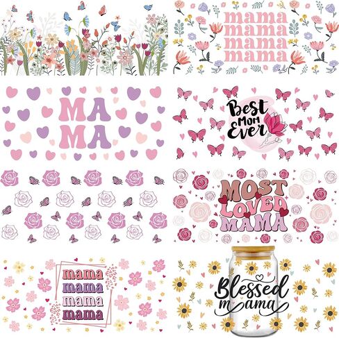 Afritee UV DTF Cup Wraps - 8 أوراق هدية عيد ميلاد ماما الوردي ، فرك فراشة زهرة لطيف على الأشعة فوق البنفسجية DTF 16 20 أوقية زجاجات قهوة زجاجية لأفضل أمي على الإطلاق عيد ميلاد إبداعي هدايا in Kuwait